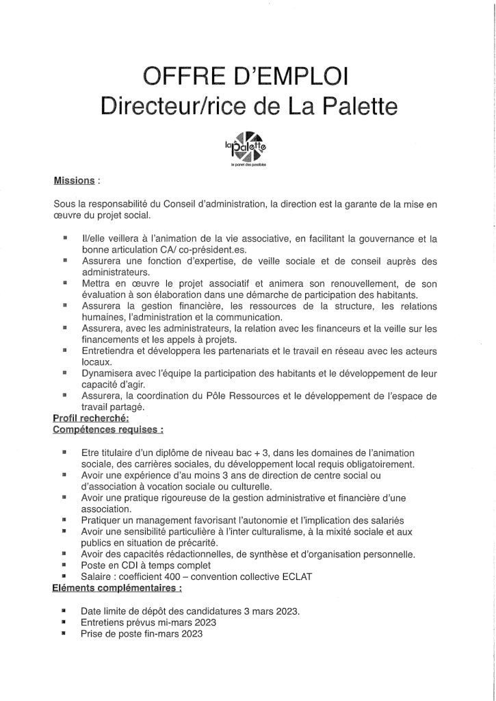 Offre d'emploi direction à La Palette